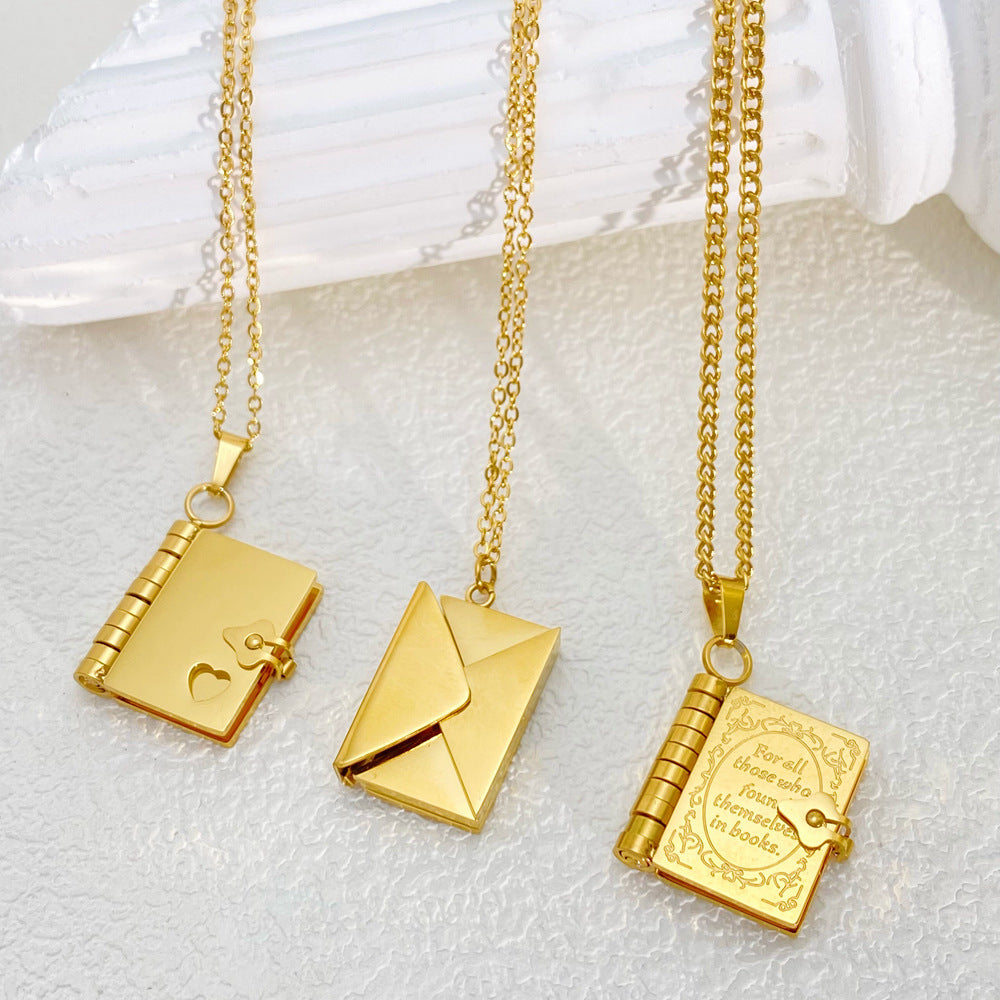 Openable Book Pendant Necklace in 18K Gold-Plated Stainless Steel