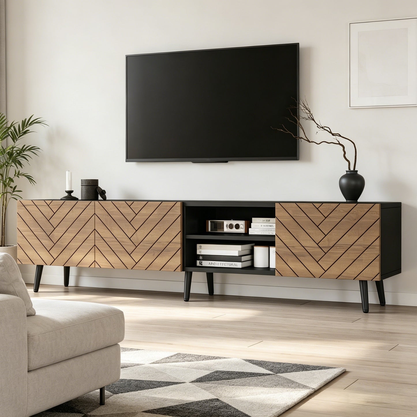 Geometric TV Stand with Open Shelves and Cabinets