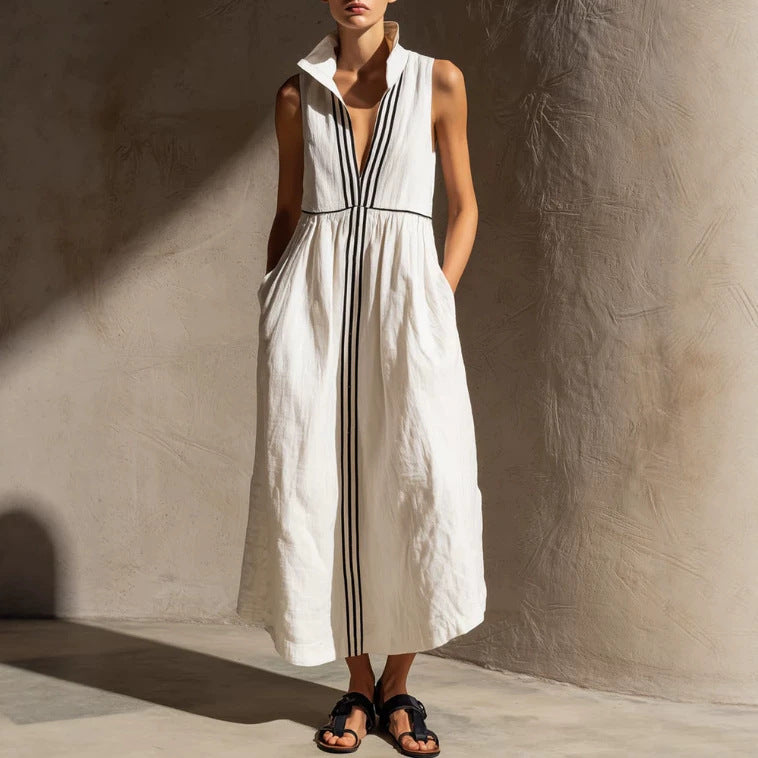 Casual Retro Striped White Silk Ribbon White Cotton-linen Dress