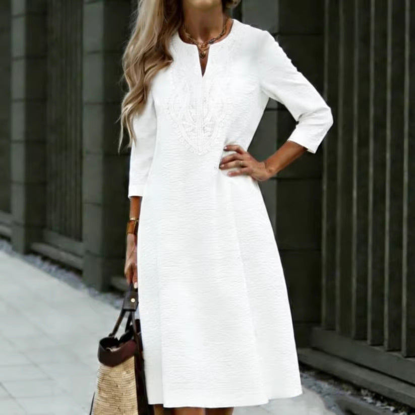 Retro Solid-Color Casual Dress