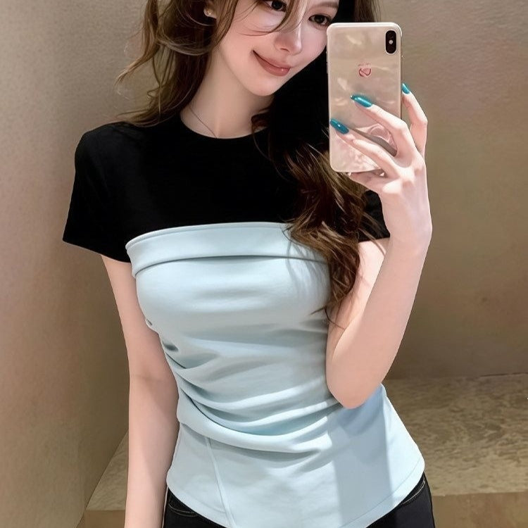 Stylish Faux Two-piece Color-block Patchwork Short-sleeve T-shirt