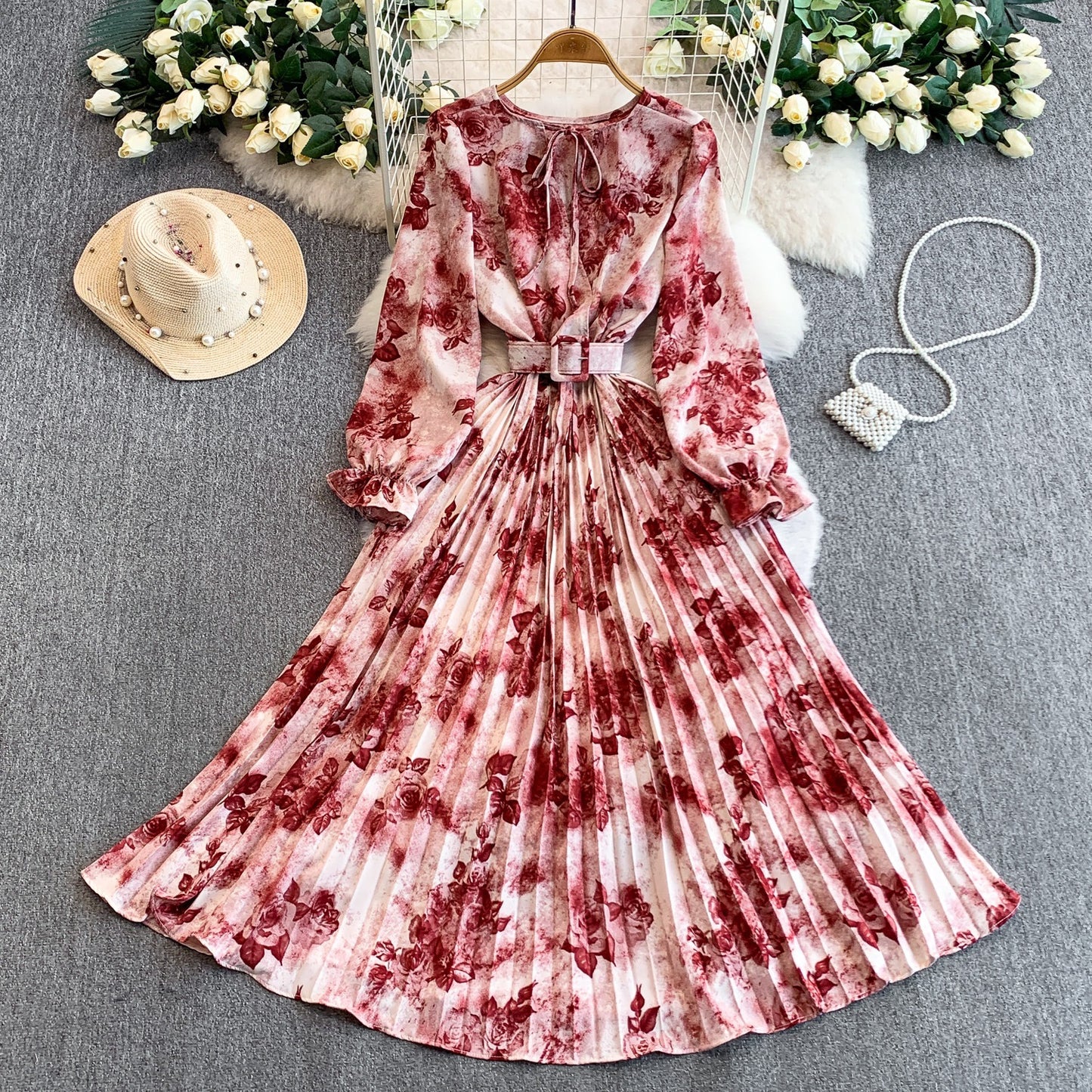 Printed Crew-Neck Dress with Cinched Waist and Pleated Skirt