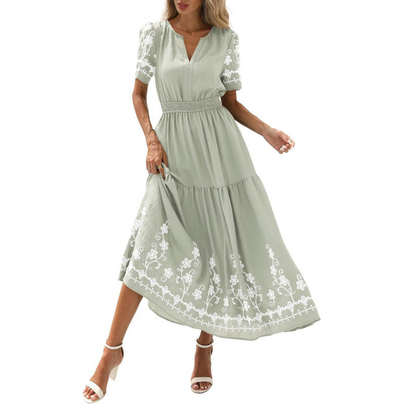 A-Line Midi Dress, Bohemian Floral Embroidered V-Neck