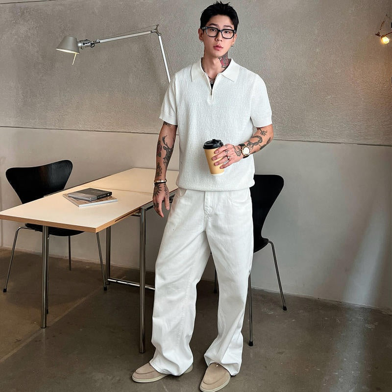 Knitted T-Shirt - Lapel Collar Short-Sleeve