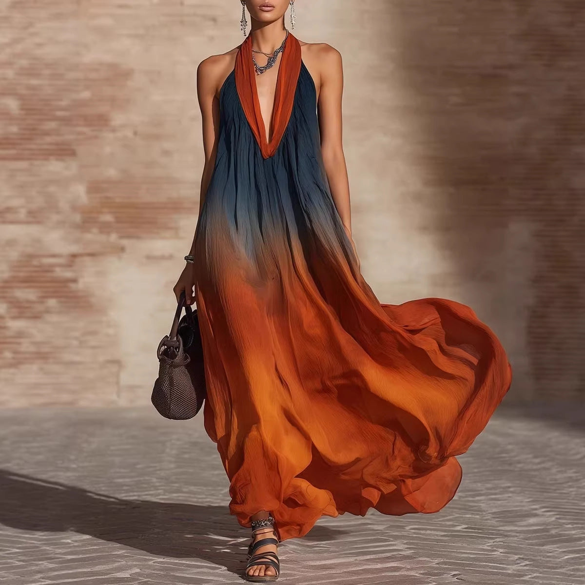 European And American Floral-print Sleeveless Maxi Dress For Vacation