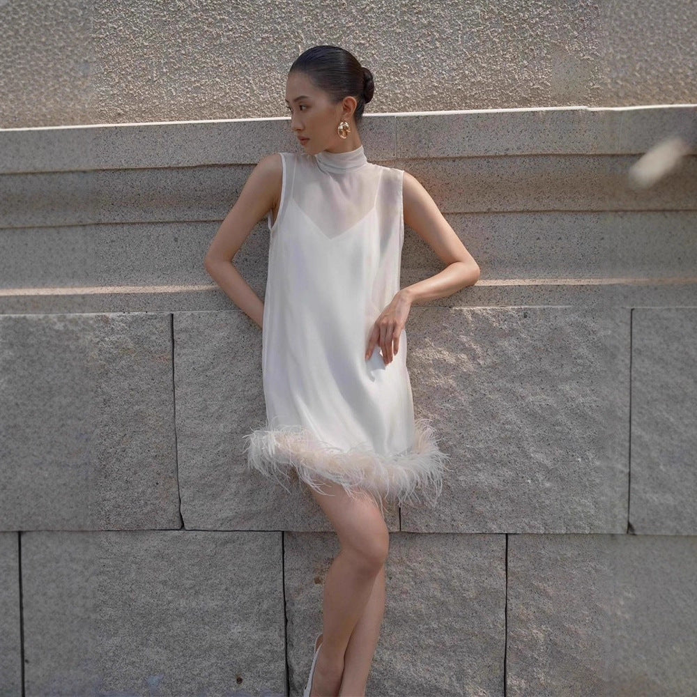 Solid-Color Crew-Neck Short Dress with Feather Detailing
