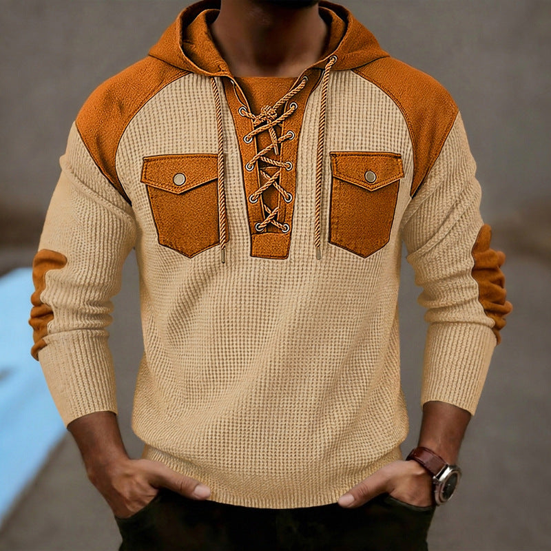 Men's Hooded Sweatshirt with Waffle-Weave Texture