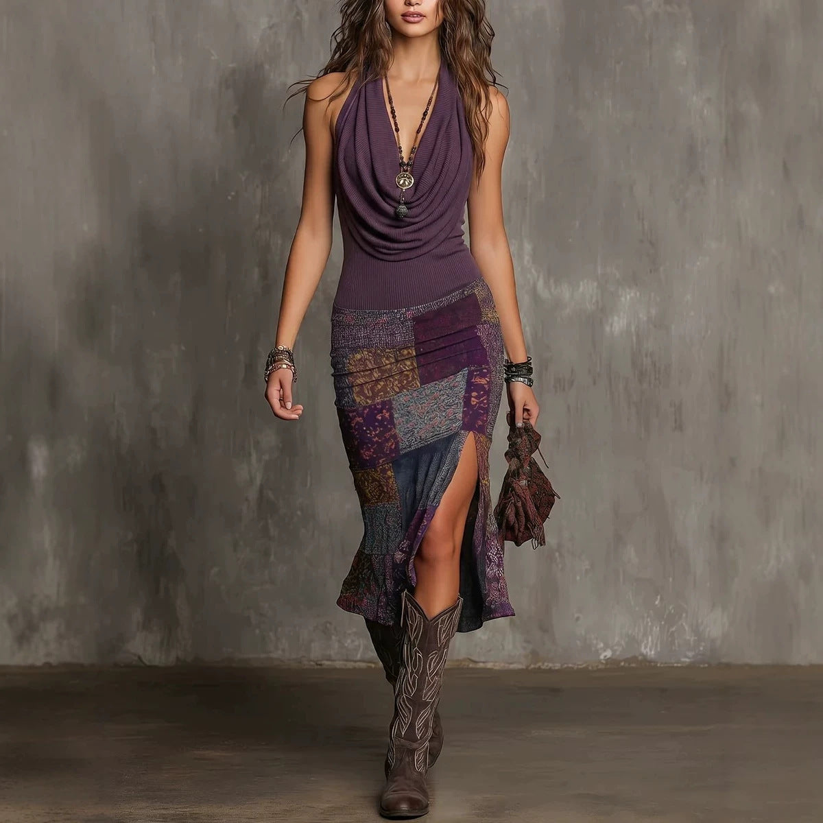 Draped-Neck Dress with Color-Block Print