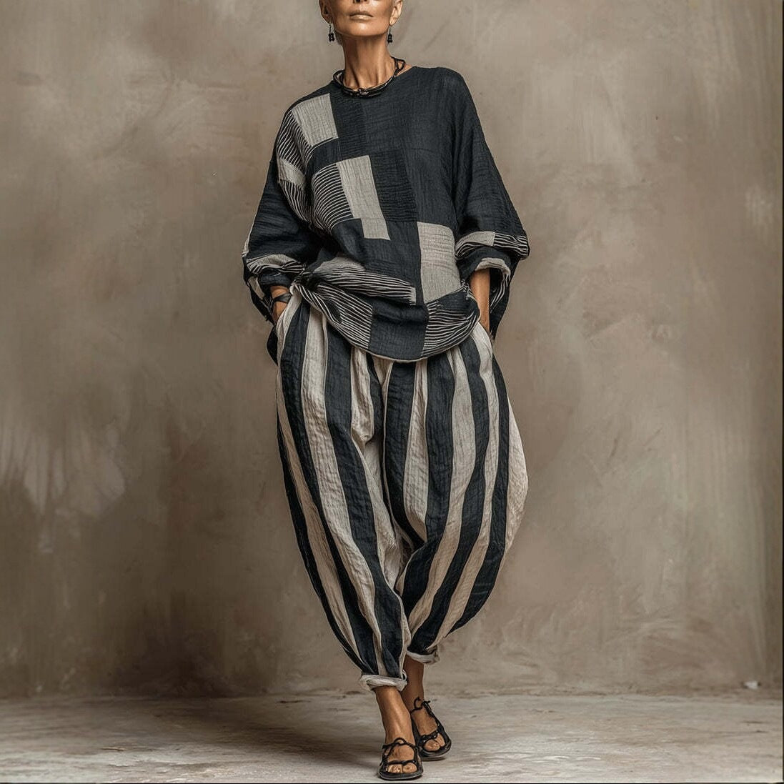Cotton-Linen Striped Set with Loose Fit
