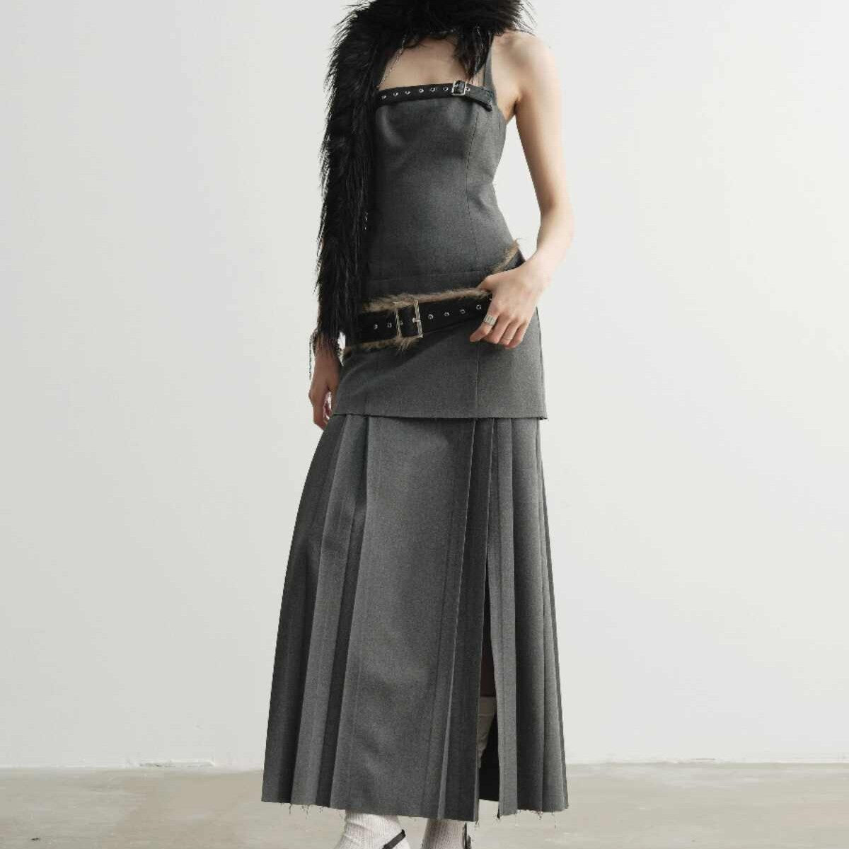 Gray Hanging Neck Pleated Slit Dress
