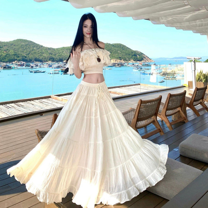 French-style Off-shoulder Top With Raw-edge Detailing Flared Skirt Set
