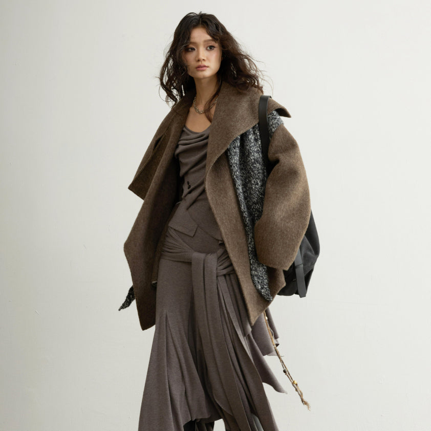 Nomadic-style Ebony Brown Handcrafted Double-faced Wool Coat
