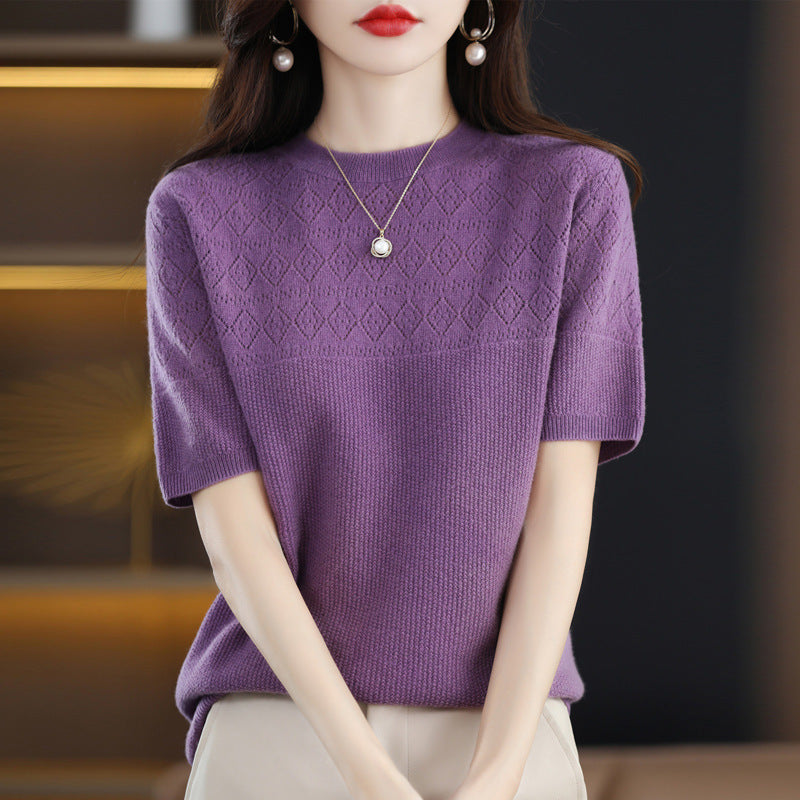 Round-Neck Diamond-Pattern Hollow-Out Short Sleeve Top