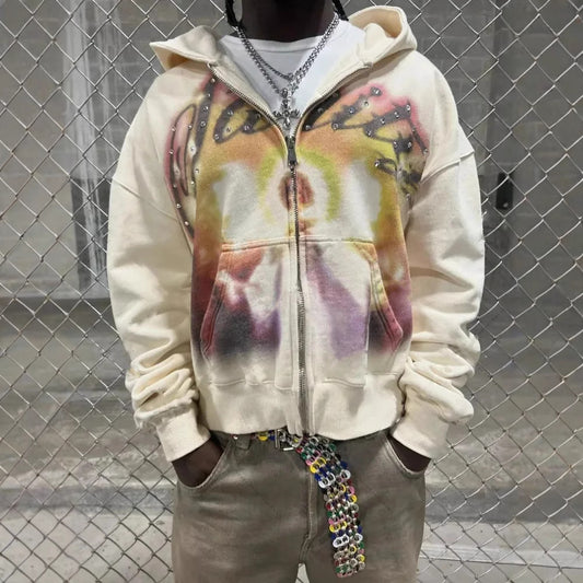 Athletic-style Zip-up Hoodie With Letter Graffiti Print