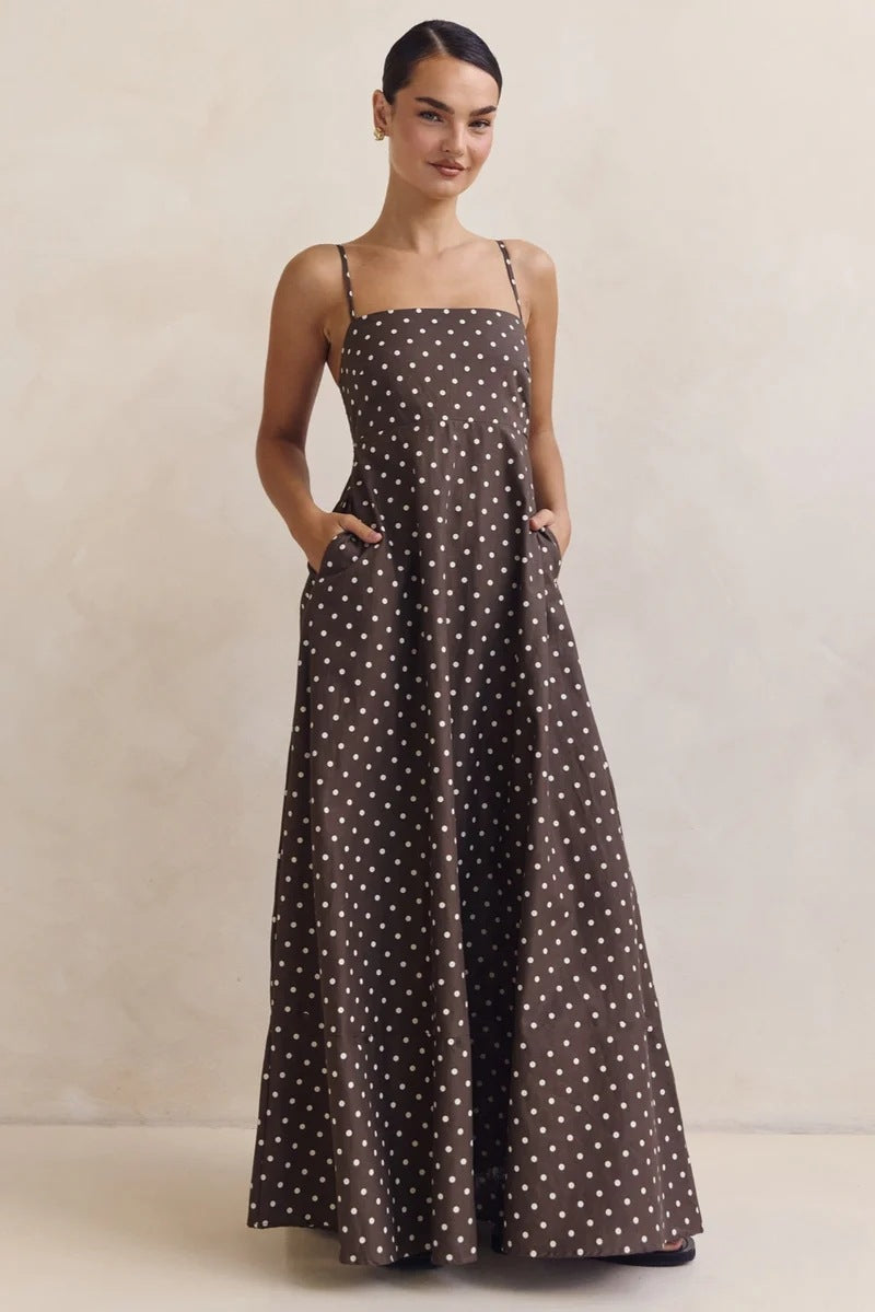 High Waist Polka Dot Print Spaghetti Strap Maxi Dress