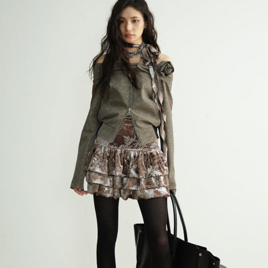 Coffee colored Three dimensional Floral accented Off shoulder Short Jacket
