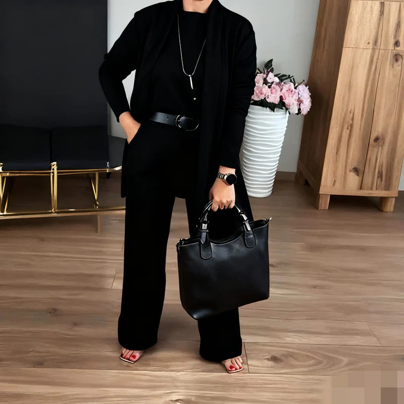 Solid Crew-Neck Long-Sleeve Top and Belted Pants 3-Piece Set