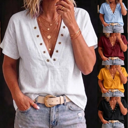 V-Neck Shirt with Loose-Fit Short Sleeves