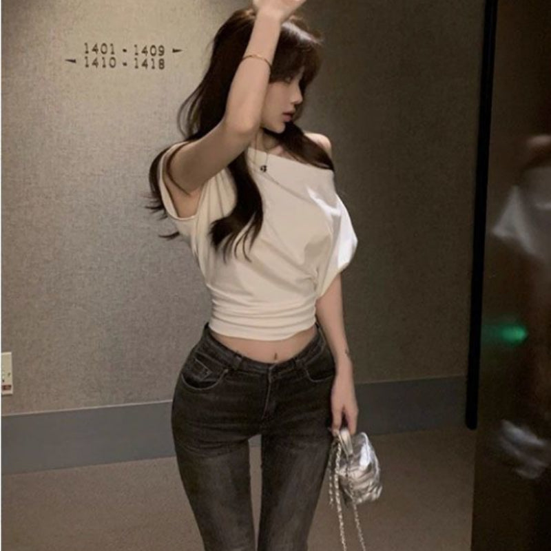 Cropped Top with Off-Shoulder Slash-Neck