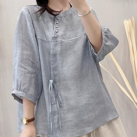 Five-point Solid-color Lace-up Short-sleeve Blouse Shirt