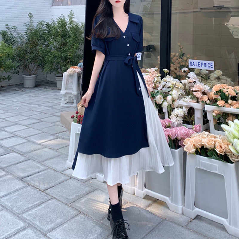 Fake Two-Piece V-Neck Midi Dress