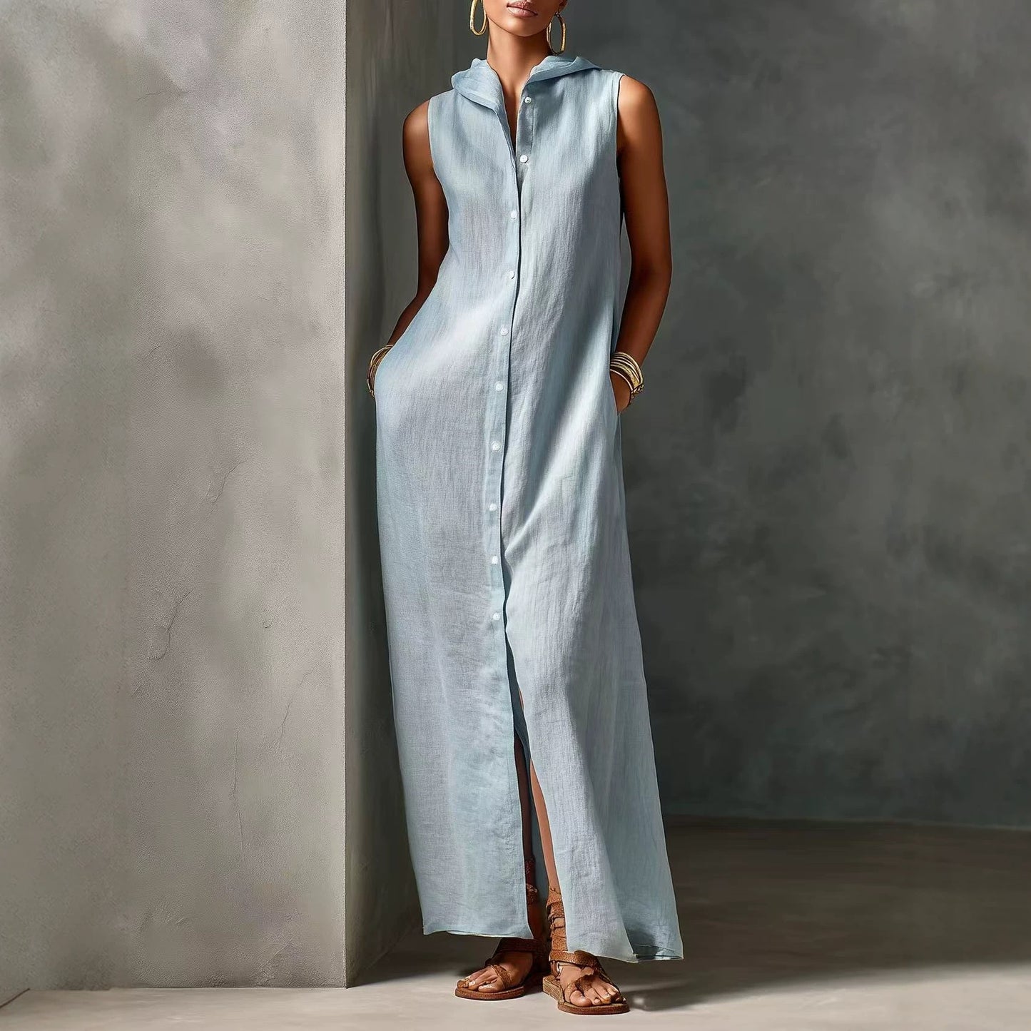 Linen-Blend Hooded Sleeveless Single-Breasted Maxi Dress
