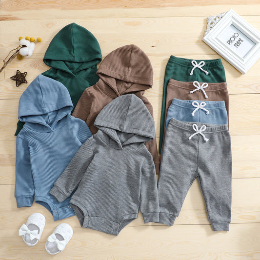 Children's Hooded Romper Set in Solid Colors