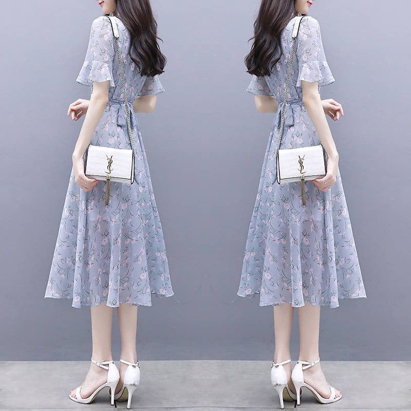 Waist-cinching Figure-flattering Floral Ice-silk Dress