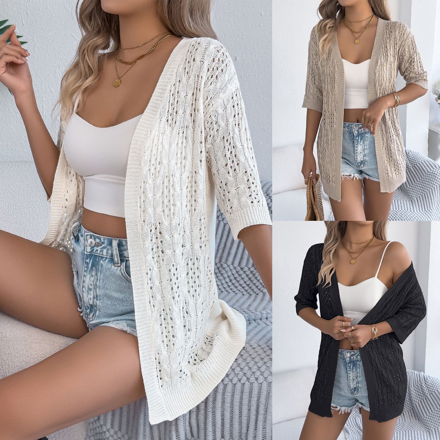 Knit Cardigan with Hollow-Out Design