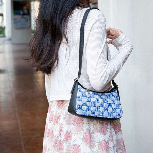 Shoulder Bag in Denim Color-Block Herringbone