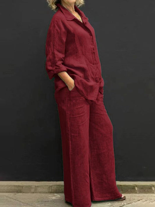 Two-Piece Set with Solid Color Lapel Shirt
