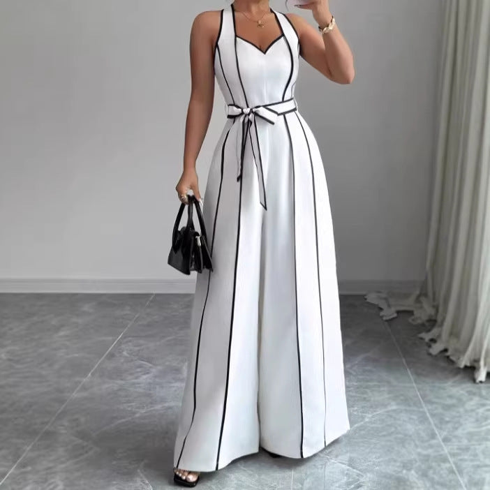 Striped Sleeveless V-neck Black-and-white Color-block Wide-leg Jumpsuit