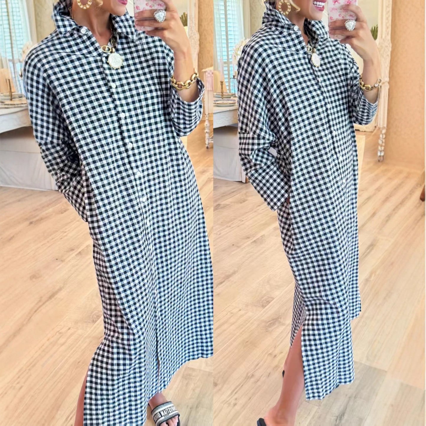 Plaid Loose-fit Figure-flattering Long Below-the-knee Shirt Dress With Side Slits