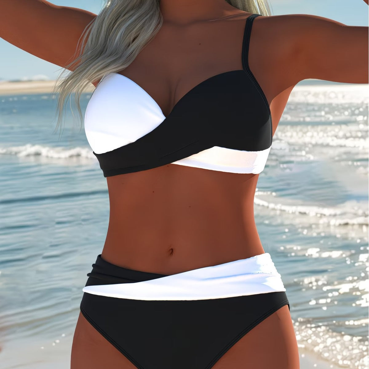Bikini with Color-Block Cross-Front Design