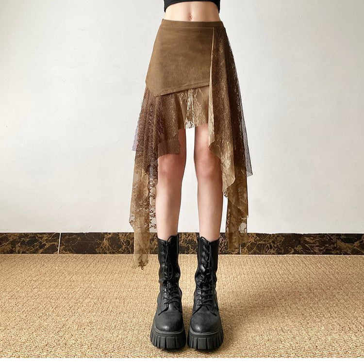 Lace-Panel Mid-Length Skirt
