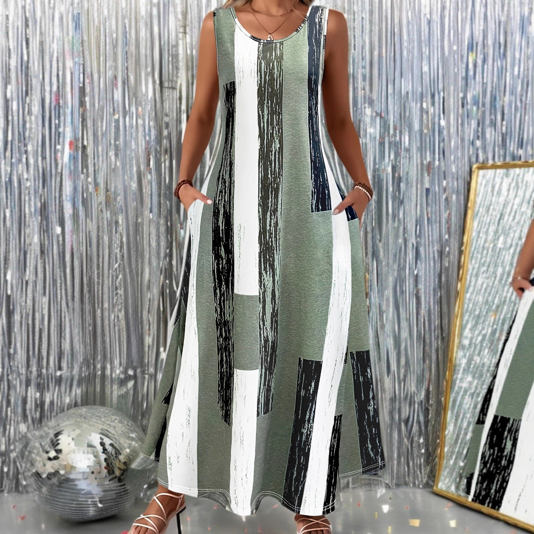Simple Geometric Patchwork Print V-neck Long Dress