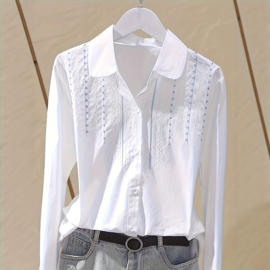 White Long-sleeve Shirt With A POLO Collar Fashionable