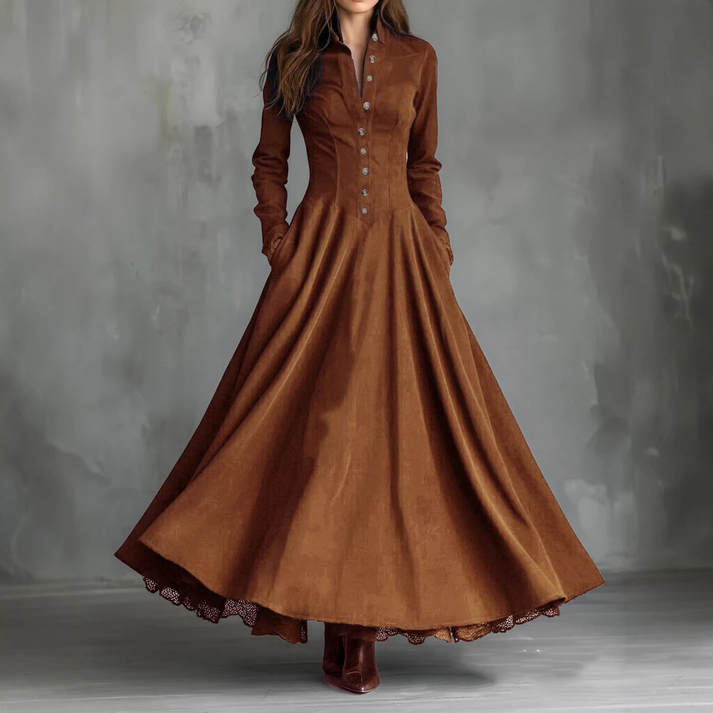 Women's French-Style Shirt Dress with Faux Suede and Lace
