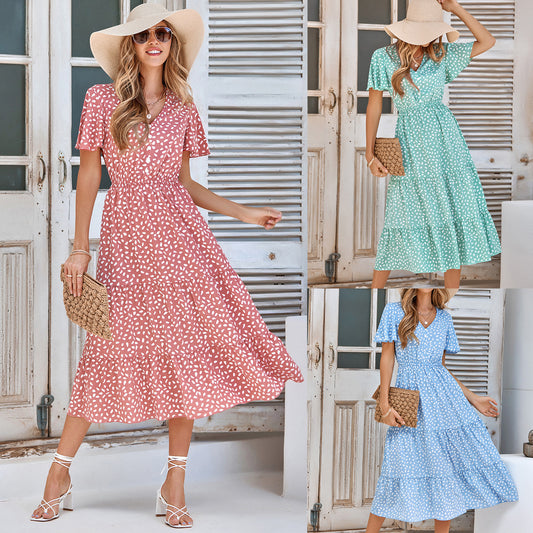 Womens V-neck Ruffled-sleeve Printed Dress