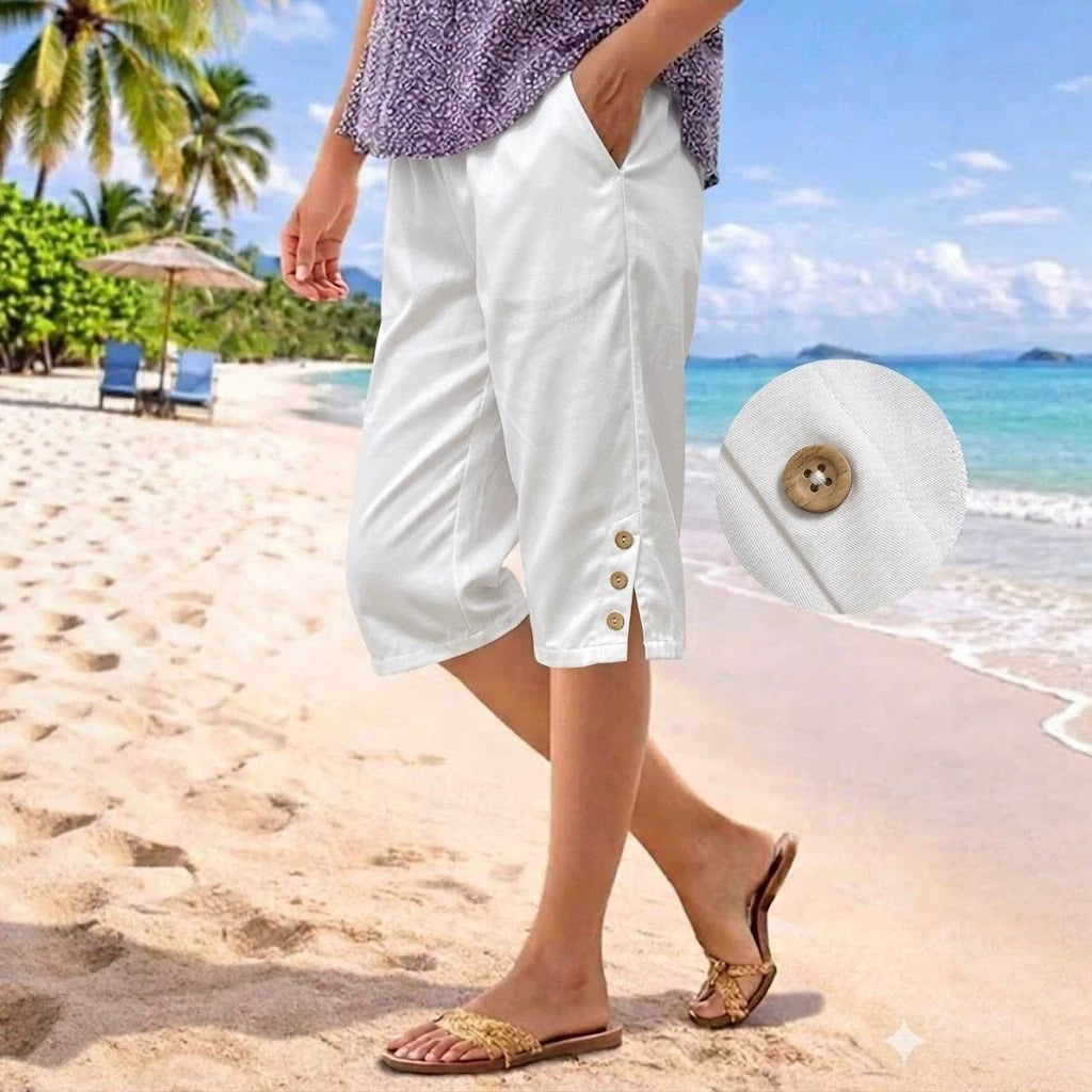 Womens Casual Five-point Shorts With PocketsElastic Waist And Side Slits