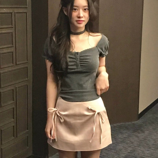 Square-Neck T-Shirt with Pleated Short Sleeves