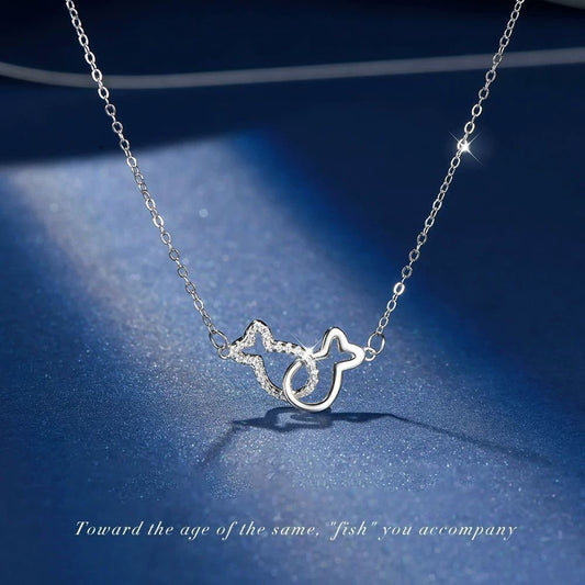 999 Sterling Silver Hollow Paved Fish Necklace