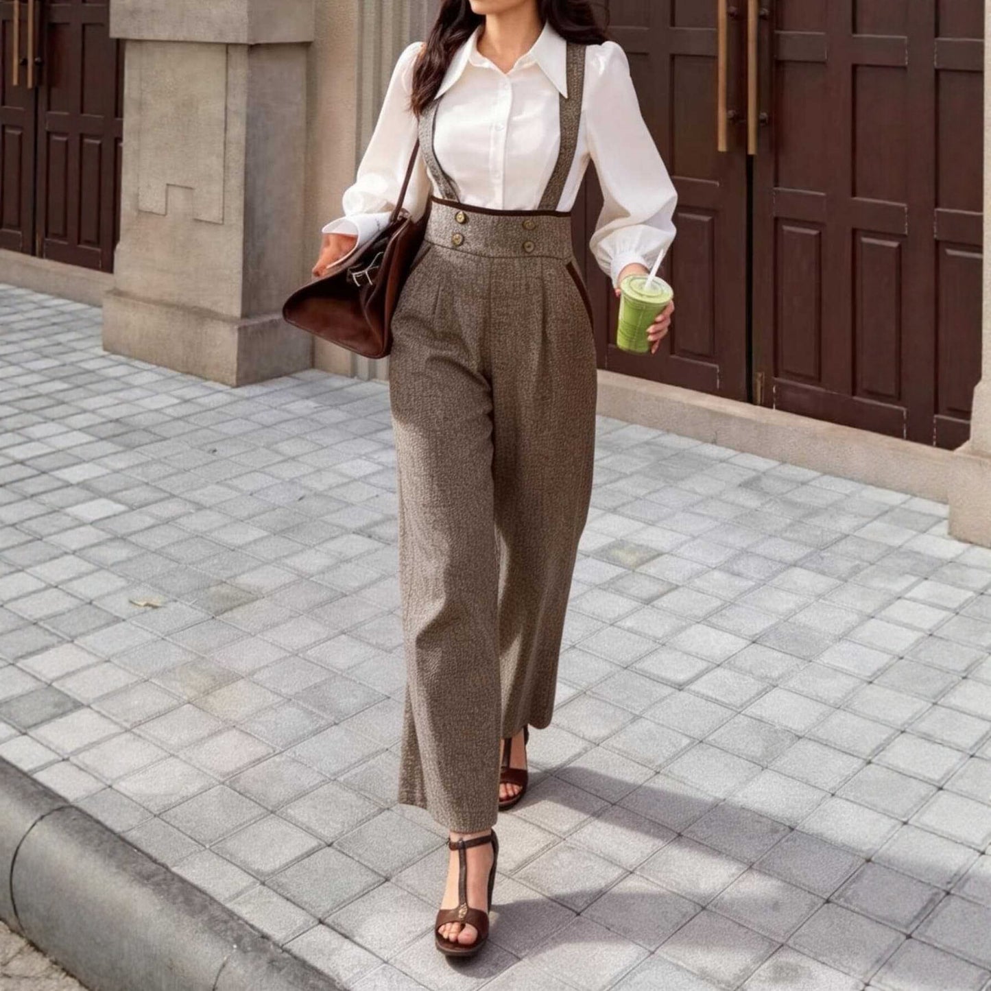 Wide-Leg Overalls - Plaid High-Waisted