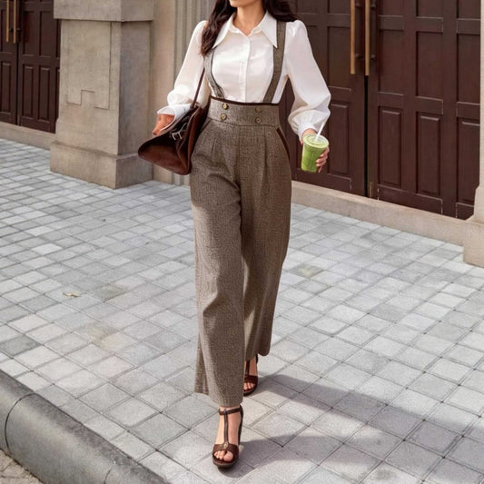 Wide-Leg Overalls - Plaid High-Waisted
