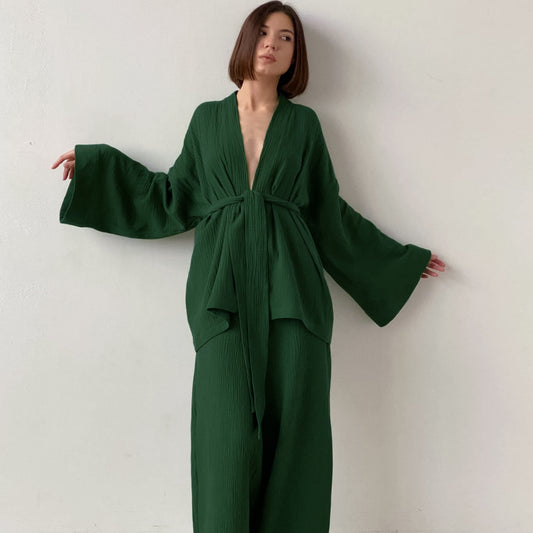 Loose And Comfortable Crepe Cotton Long-sleeve Nightgown And Pants