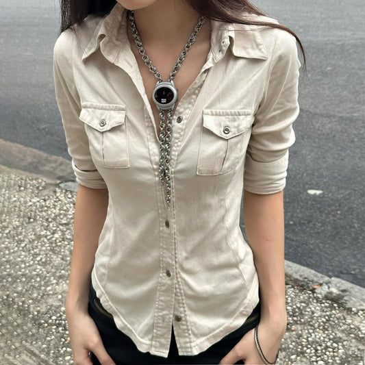 Workwear Notched Collar Slim-Fit Pocketed 3/4 Sleeve Shirt