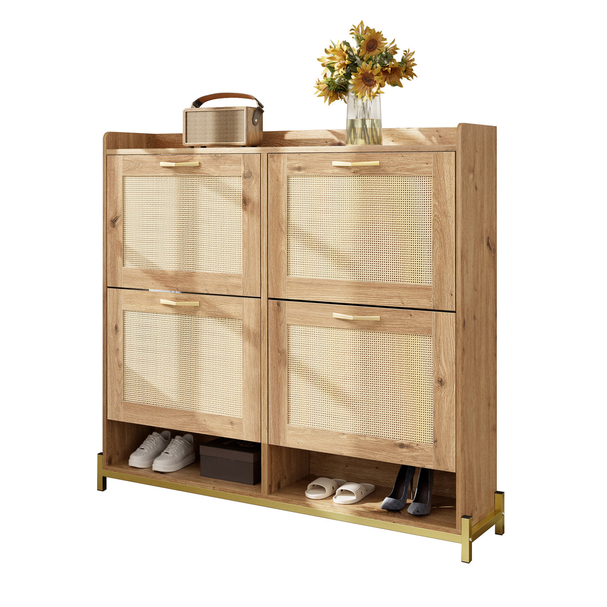 Wooden Shoe Cabinet with 4 Rattan Doors