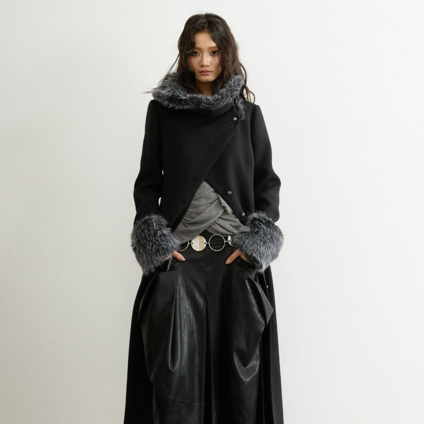 Wool Coat With A Fur-trimmed Collar Fitted Waist And Long Silhouette