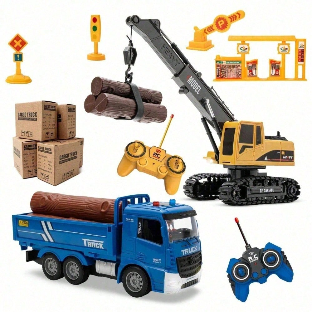 2-in-1 RC Crane Truck Toy with Flashing Lights & DIY Kit