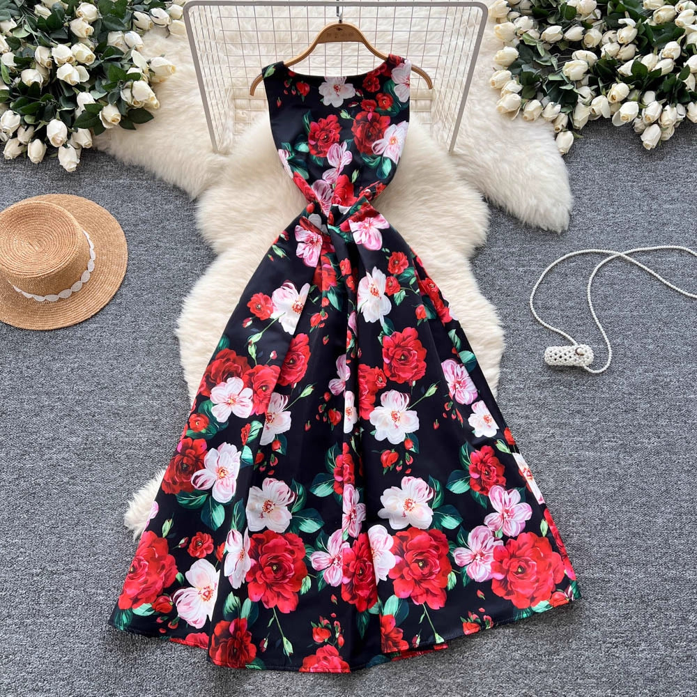 Sleeveless Printed Puff Dress with Waist-Cinching Fit